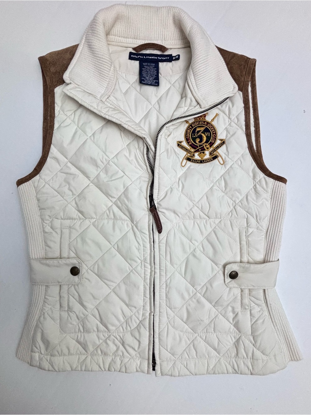 Polo by Ralph Lauren Sport Quilted Vest Suede Cream Equestrian Old Money Medium - Picture 11 of 13